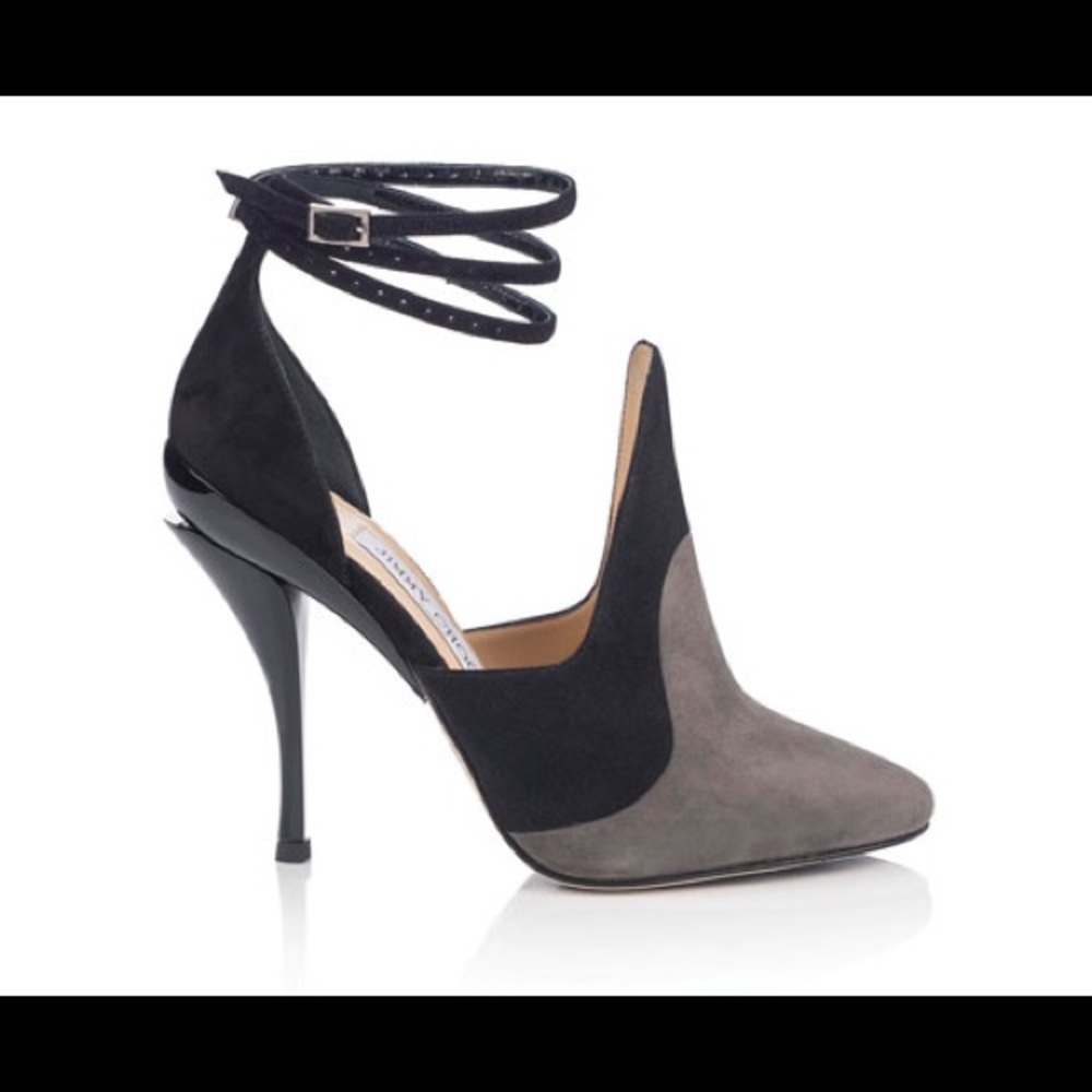 Jimmy Choo Thea Black & Gray Suede Ankle Wrap Bootie Style Heels size 40